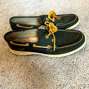 Sperry Top Sider Leather Black and Gold Boat Shoe Womens Size 8 Light Wear